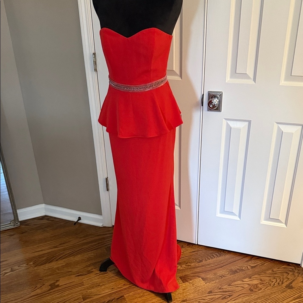 Badgley Mischka Strapless Red Gown with Peplum